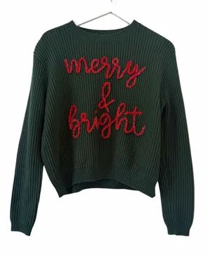 Queen of Sparkles Merry & Bright Christmas Sweater Green Size Large thumbnail 1