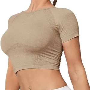 Vanoluya Women's Seamless Short Sleeve Workout Yoga Crop Top – Beige thumbnail 1