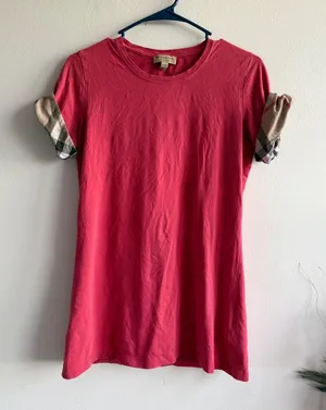 Burberry‎ Pink Cuffed Nova Check Sleeve T-Shirt Womens Medium Short Sleeve Tee thumbnail 1