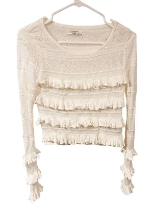 By Anthropologie Ruffle Long-Sleeve Jumper White Blouse Size Medium thumbnail 1