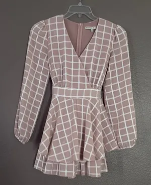 Allison & Kelly Checkered Peplum Romper Tan thumbnail 1