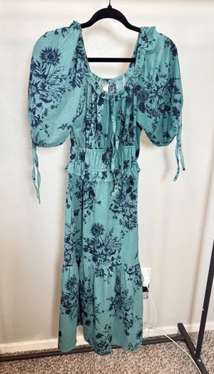 Cato Teal Navy Floral Puff Sleeve Smocked Tiered Midi Dress XSP‎ Petite thumbnail 1