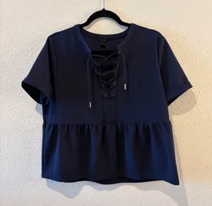 Ann Taylor Navy Lace-Up Peplum Blouse thumbnail 1