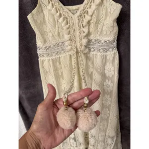 Cream Bohemian Dress Boho Floral Lace Crochet Pom Pom High Low Neutral Resort thumbnail 2