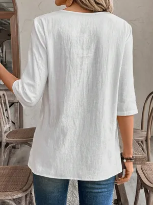 White loose-fitting short-sleeved cotton and linen top thumbnail 2