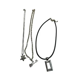 Three silver toned necklace set - guitar pendant, dog paw and square pendant s thumbnail 4