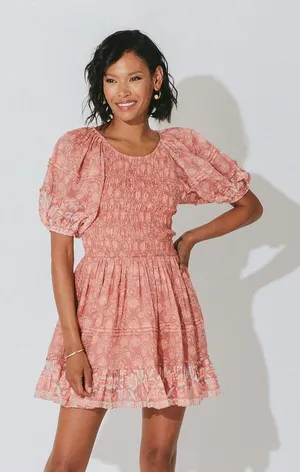 NEW Cleobella Mina Mini Dress Camala Floral Large Pink Smocked Organic Cotton‎ thumbnail 1