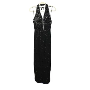 Scala Black Halter Beaded Sequin Maxi Formal Gown Sz L‎ thumbnail 2