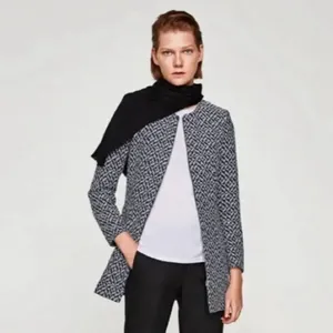 ✨Zara Classic Minimalist Tweed Blue White Zip Up Sz Medium Peacoat✨ thumbnail 2
