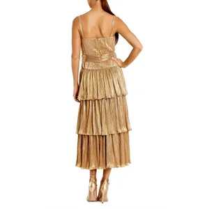 MAC DUGGAL Gold Metallic Plissé Square Neck Pleated Ruffle Belt Detail Dress 8 thumbnail 4