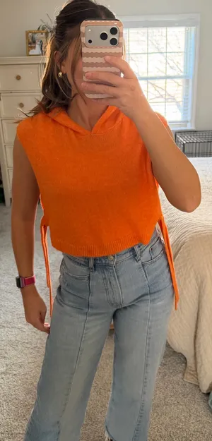 Anthropologie Maeve Orange knit sleeveless hooded cropped sweater thumbnail 1