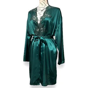 Victorias Secret Vintage Emerald Satin Lace Kimono‎ Robe Gold Label Old Money thumbnail 4