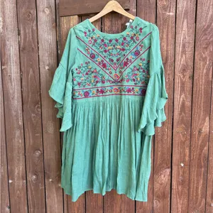 Umgee Bohemian Boho Green Embroidered Bell Sleeve Dress thumbnail 2