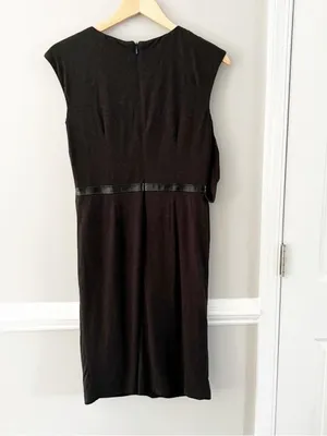 Adrianna Papell Draped Black Dress Faux Leather Trim Size 6 Midi Sleeveless thumbnail 2