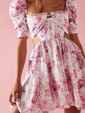 For Love & Lemons Lucia Floral Cutout Puff Sleeve Pink Mini Dress Size S New thumbnail 1