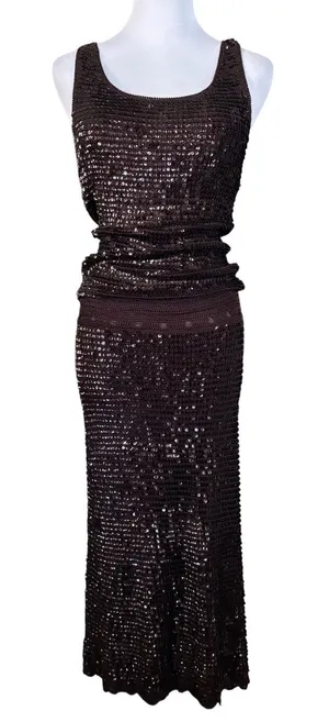 Vtg Chetta B Sequin Crochet Knit 2 Piece Skirt Set Sz M/L Dark Brown 90s Glam thumbnail 1