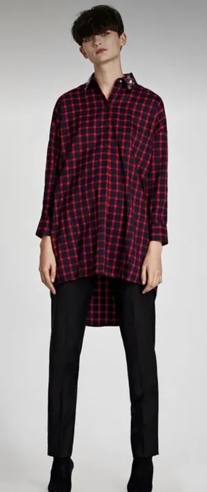 Zara Plaid Beaded Collar Oversized Pullover‎ Tunic Shirt Dress Red Blue XS thumbnail 1