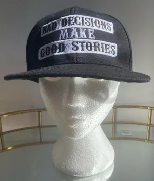 Black flat bill snap back hat funny saying Bad Decisions Make Good Stories cap thumbnail 1