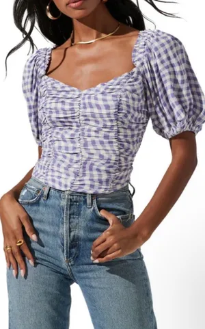 Astr the label ruched puff sleeve top in blue and purple gingham size small thumbnail 1