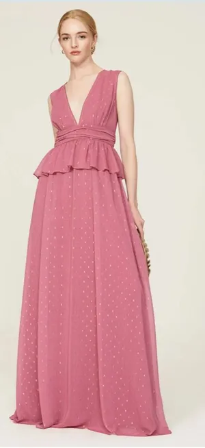 Revolve RTR LDT‎ Pink Rose Metallic Peplum Waist Sleeveless V Neck Maxi Gown Dress Sz 2 thumbnail 1