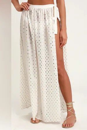Lulus White Gold Polka Dot Cover Up Maxi Skirt Size S NWT thumbnail 1