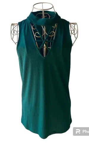 Doe & Rae Emerald Green Ribbed Choker Cutout Sleeveless Top Size Small Teal Y2K thumbnail 1