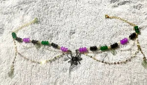 Gold Chain necklace with Purple Green and Black Beads and Spider Charm thumbnail 1
