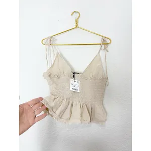 NWT Zara Tan Smocked Tie Straps Lace Trim Top Size Medium 0881/010 thumbnail 11
