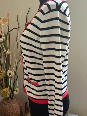 Morgan de toi France Striped Black and White Sweater Cardigan with Red Trim thumbnail 4