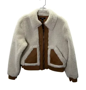 AQUA Womens Faux Fur Suede Mixed Media Bomber Jacket Cream Cognac XS Full‎ Zip thumbnail 1