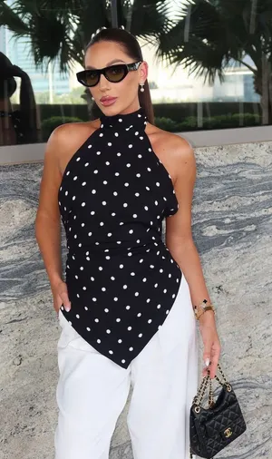 Zara Black Polka Dot Halter Top with Pointed Hem thumbnail 1