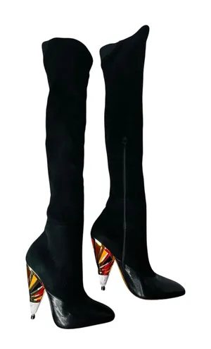 Givenchy Black Leather Suede Over Knee OTK Boots Printed Heel EU 38.5 thumbnail 1