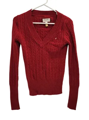 American Eagle Outfitters Classic Cable Knit Pullover V-Neck Sweater Red Medium thumbnail 1