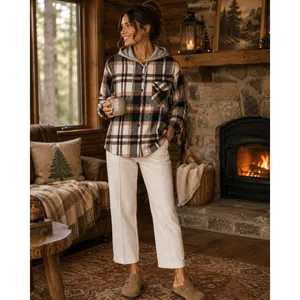 Cabincore Plaid Hooded Shacket Brown Cream Button Front Cozy Rustic L NWT thumbnail 2
