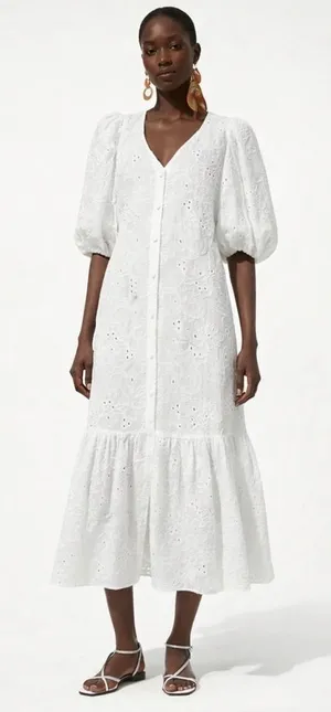 Zara White Eyelet Embroidered Midi Dress Size S Puff Sleeve Cotton Boho Cottage thumbnail 1