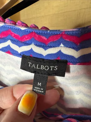 Talbots Ruffle Neck Chevron Stripe Cotton Shift Dress Medium Pink Blue White thumbnail 3