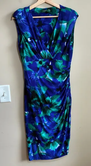 Lauren Ralph Lauren Floral Ruched Sheath Dress 6 Blue Green Womens Surplice thumbnail 1