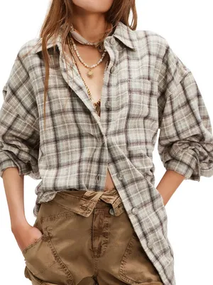 NWT We The Free Cream and Brown Plaid Button-Down Shirt Size XL thumbnail 1