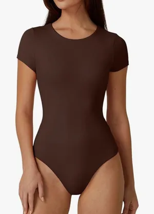QINSEN‎ Women's Small Crew Neck Short Sleeve Bodysuit Double Lined Shirt Brown thumbnail 1