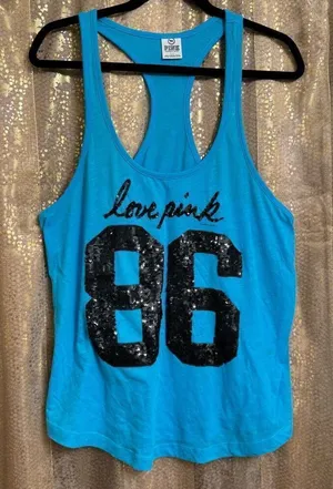 Y2K PINK Victorias Secret Malibu Blue Black 86 Sequin Stretchy Racerback Tank To thumbnail 1