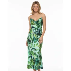 Zara Green Tropical Palm Leaf Satin Long Maxi Slip Dress Size XS thumbnail 2