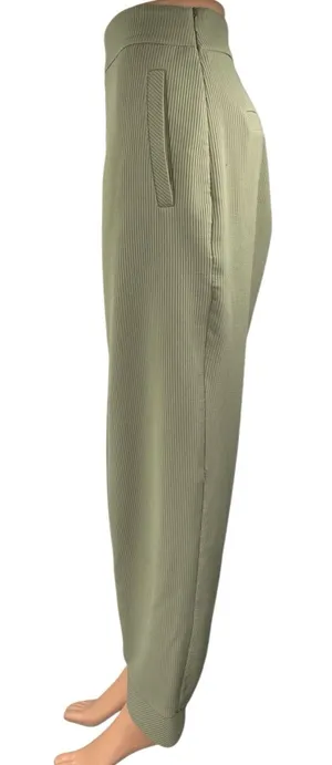 Zara Women's Green Rib Knit High Waist Wide Leg Side Zip Ankle Trousers Pants L thumbnail 1