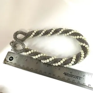 Silver tone and faux pearl mesh twisted choker necklace thumbnail 6