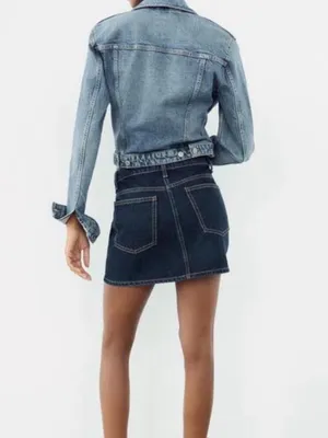 Zara dark wash crossover waist denim mini skirt size small thumbnail 4
