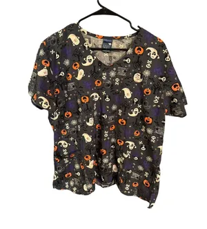 Womens XL Zoe & Chloe Halloween Ghost Pumpkin Short Sleeve Vneck Scrubs Uniform thumbnail 1