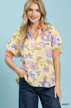 Umgee Floral Print Ruffled Short Sleeve Top - Medium thumbnail 1