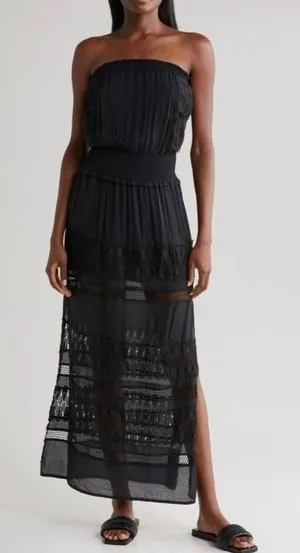 Elan Black Strapless Smocked Waist Crochet Lace Tiered‎ Maxi Dress Small Boho thumbnail 1