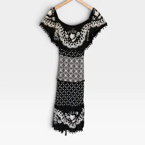 Anthropologie Black Embroidered Cotton Midi Dress Smocked Waist Pom Pom Trim 12 thumbnail 4