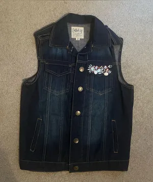 Dolled Up Vintage Women’s Dark-wash Denim Vest with Beaded Embellished Pocket thumbnail 1