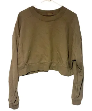 Nuuds‎ Size Large Olive Cropped Crewneck Pullover Sweatshirt thumbnail 1